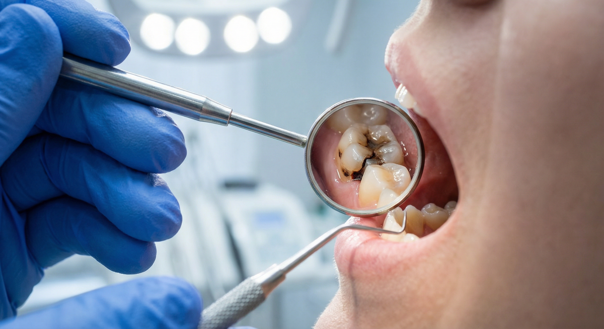 Emergency dentist examining a broken and decayed tooth during an urgent dental visit at Waterdown Smiles Dentistry in Waterdown, ON