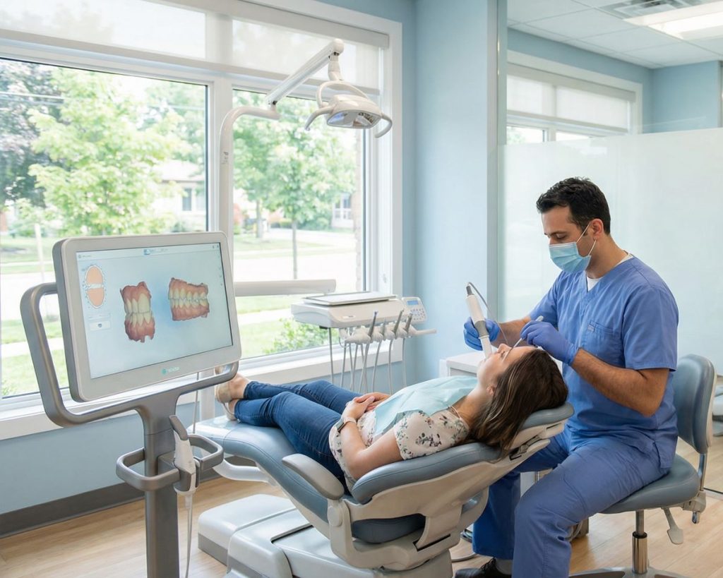 Dentist performing comprehensive dental exam in modern Waterdown clinic