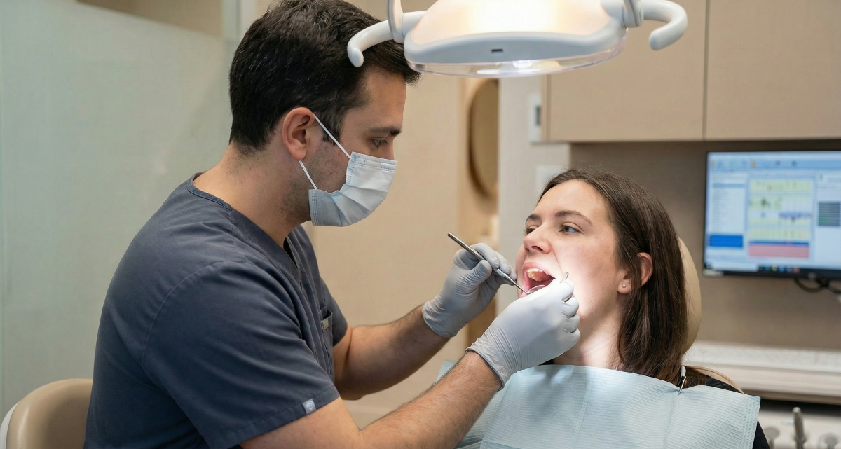 Dentist performing a routine dental exam on a patient at Waterdown Smiles Dentistry in Waterdown, ON